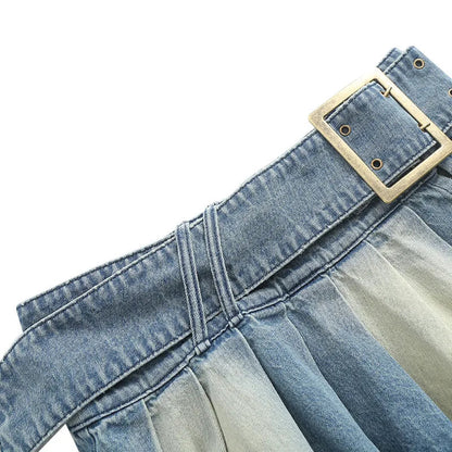 Y2k Pleated Jean Mini Skirt Low Waist Belt Short Dress Female Street Denim Cloth Autumn Design Skirt