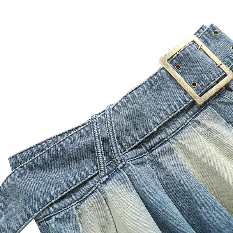 Y2k Pleated Jean Mini Skirt Low Waist Belt Short Dress Female Street Denim Cloth Autumn Design Skirt