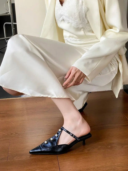 Woman Pumps String Pearl Pointed Toe Thin Low Heels Shoes Buckle Strap Zapatos De Mujer