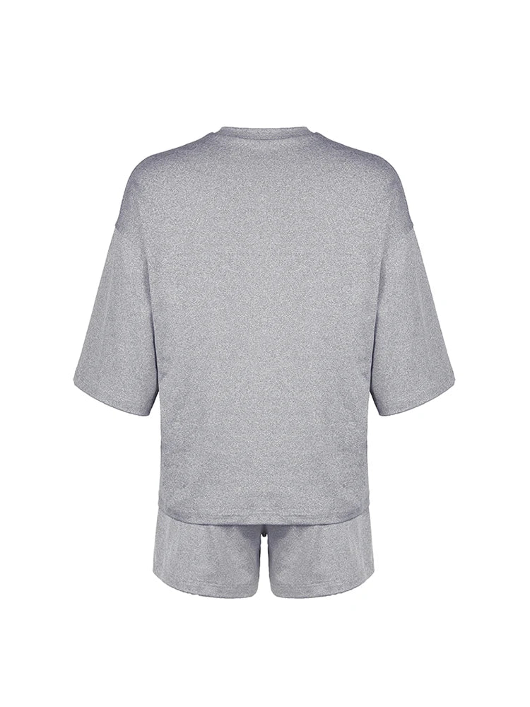 Gray O Neck Loose Basic Half Sleeve T Shirt and Shorts 2 Pieces Sets Leisure Homewear