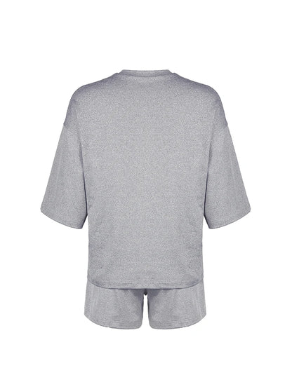 Gray O Neck Loose Basic Half Sleeve T Shirt and Shorts 2 Pieces Sets Leisure Homewear