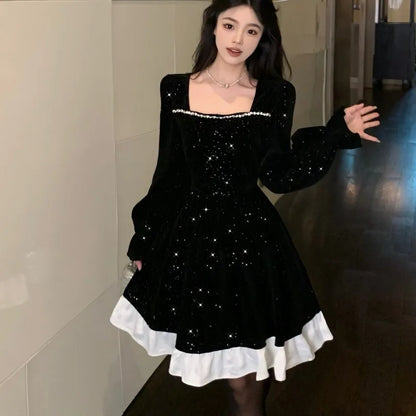 Autumn Shiny Velvet Midi Dresses for Long Sleeve Square Collar Oversize Ruffles Patchwork Christmas Party Dress Vestidos