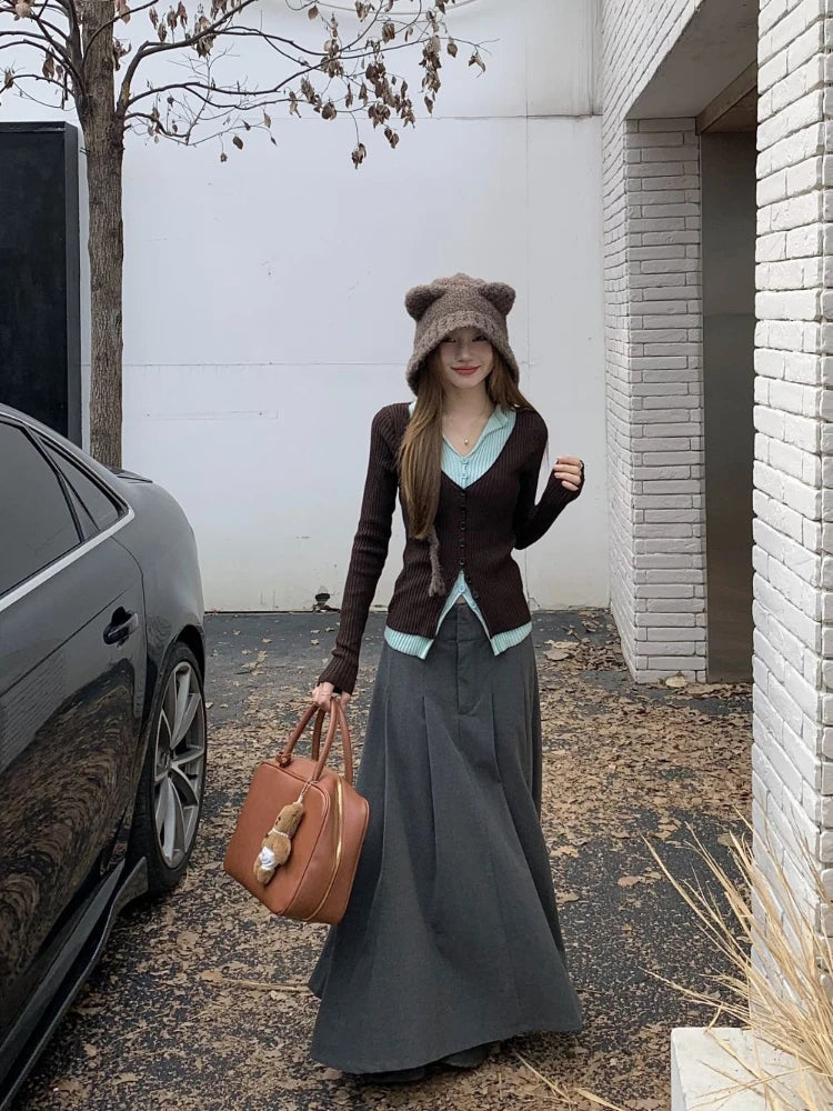 Y2k Brown and Mint Green Fake Two Pieces Knitwear Slim Button Up Cardigan Autumn Winter Ribbed Sweater Korean
