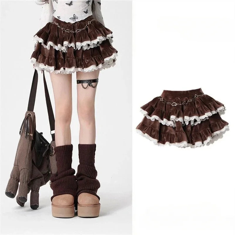 Brown Sweet Corduroy Skirt Korean Style Kawaii Cake Mini Skirt Black Lace Spliced High Waist Ruffle Short Skirts