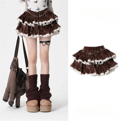 Brown Sweet Corduroy Skirt Korean Style Kawaii Cake Mini Skirt Black Lace Spliced High Waist Ruffle Short Skirts