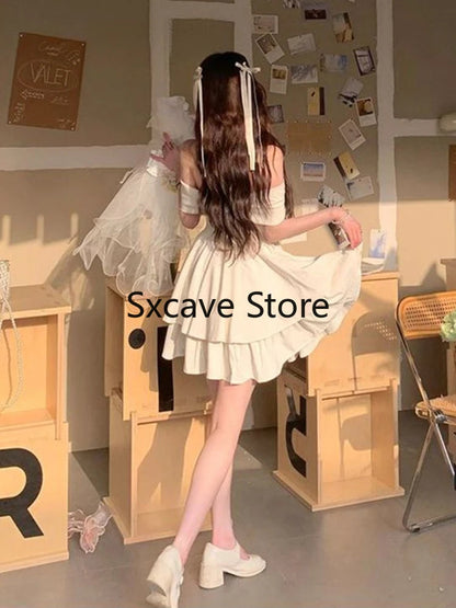 Summer Y2k Mini Dress Sweet Even Party Dress Office Lady Kawaii Clothing Bow Birthday Dress Korean