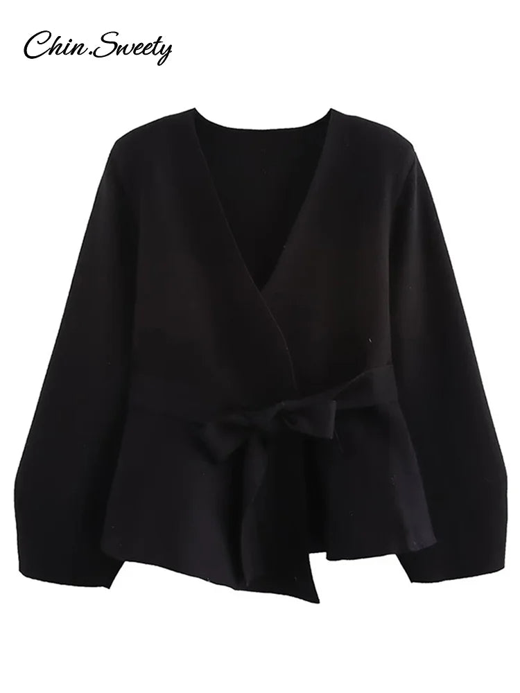 Lace Up Knit V-neck Jacket Full Sleeve Loose Cardigan Top New Spring Lady High Street Outwear