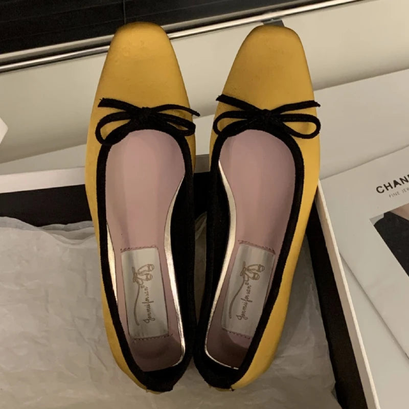 Satin Round Toe Bowknot Flat Shoes Brand Designe Open Heel Sweet Party Dress Square Heel Loafers