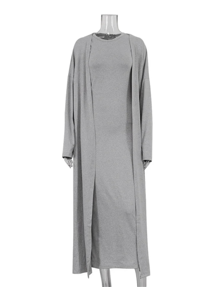 2 Piece-set Female Long Dress Slim High Waist Patchwork Sleeveless Dress and Overcoat Sets Maxi Dress Outfits