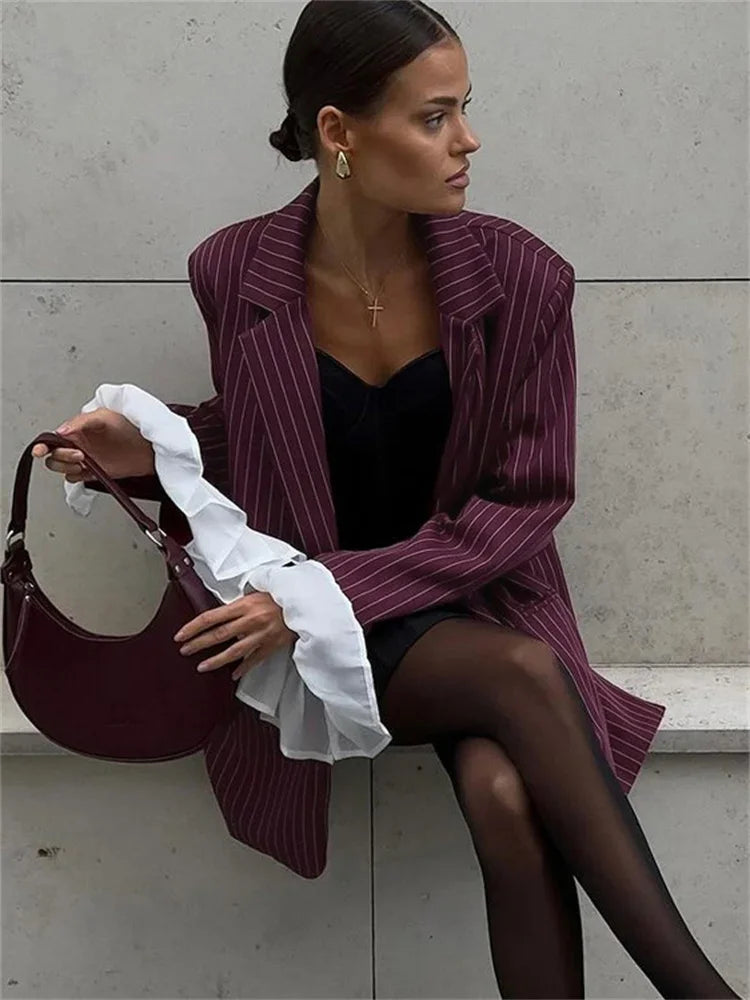 Lace Striped Suit Outwear for Patchwork Long Sleeve Lapel Commute Pocket Coat Ruffled Female Loose Blazer