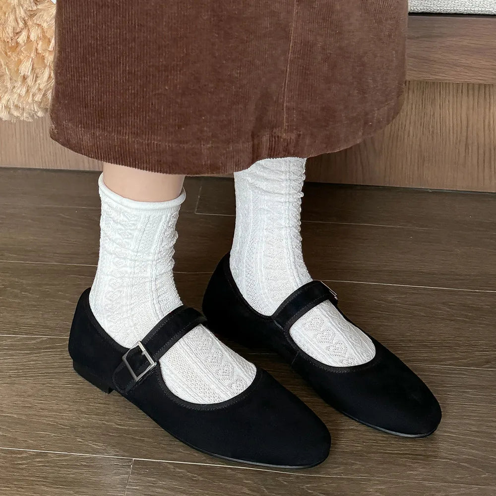 Flats Spring Summer Round Toe Genuine Leather Buckle Strap Mary Janes Office Lady Working Shoes Woman Concise