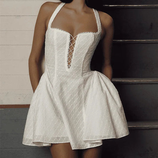 White Halterneck Mini Dress for High Waist Hollow Lace Up Embroidery Sleeveless Folds Backless Evening Dress