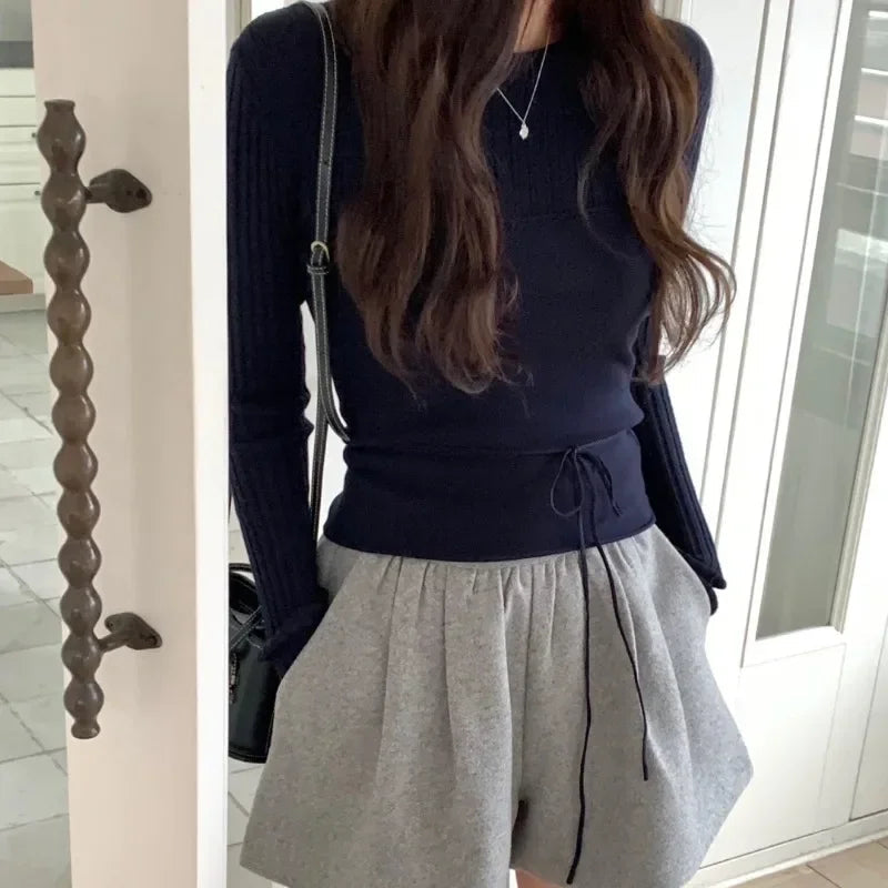 Autumn New High Street Slim Thread Long Sleeve Sweater + Color Laceup Camisole Twopiece Suit