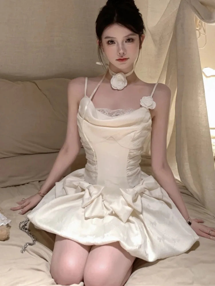 Sweet Spaghetti Strap Mini Dress for Tie Flower Bow Party Dresses Summer Spring Female Vestidos New Outfits