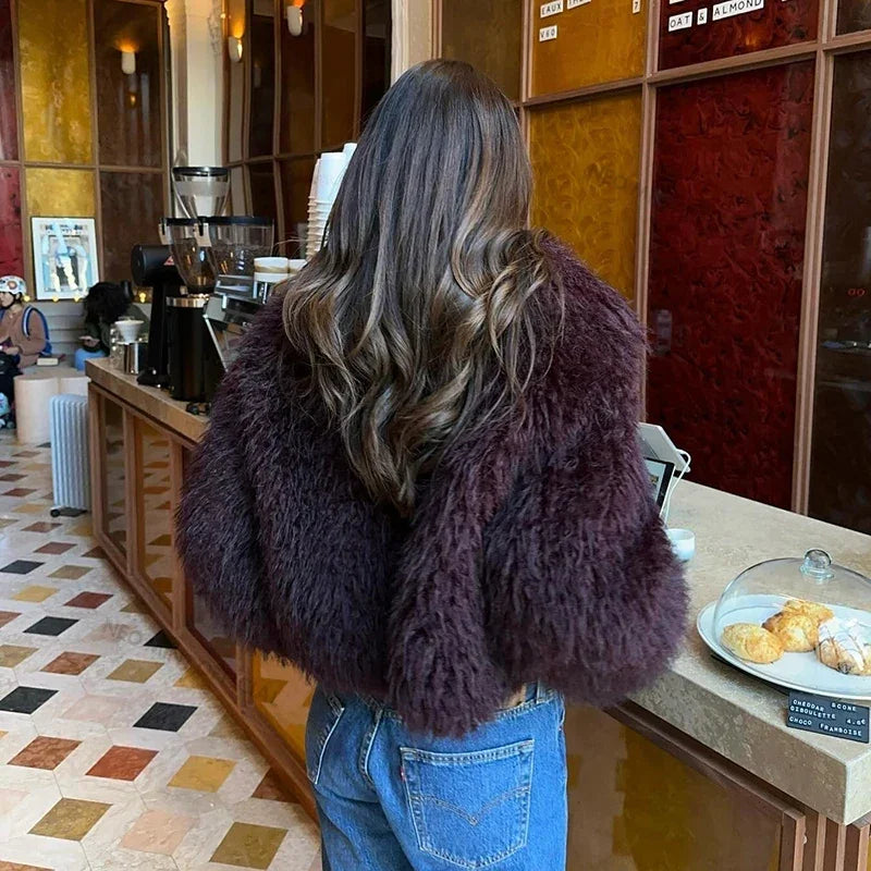 Winter Hot Iconic Blogger Burgundy Faux Fur Coat Overcoat Shawl Collar Lamb Fur Jacket
