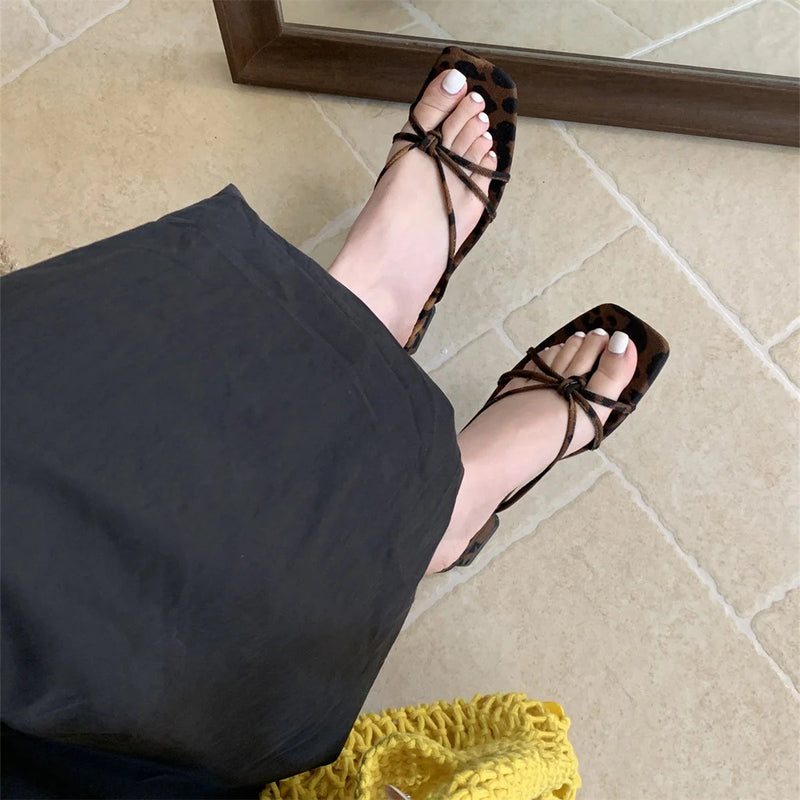 Rubber Flip Flops Leopard Shoes Summer Clogs Woman Crosstied Female Slippers Square Toe Slides Hawaiian Beach Soft Block L