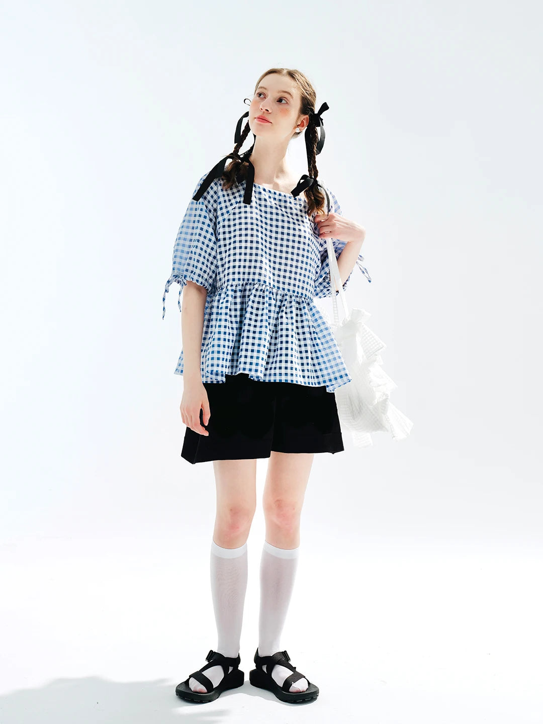 Plaid Lace-up Short Sleeve T-shirt Blouse