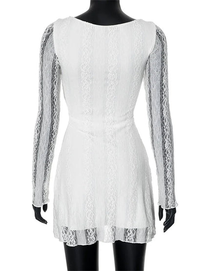 White Lace See-through Mini Dress for High Waist Patchwork Slim Party Dress Gown Dress
