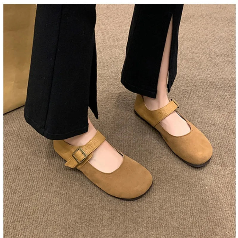 Designer New Leather Buckle Low Heel Mary Jane Shoes Spring Autumn Soft Sole Flat Shoes for