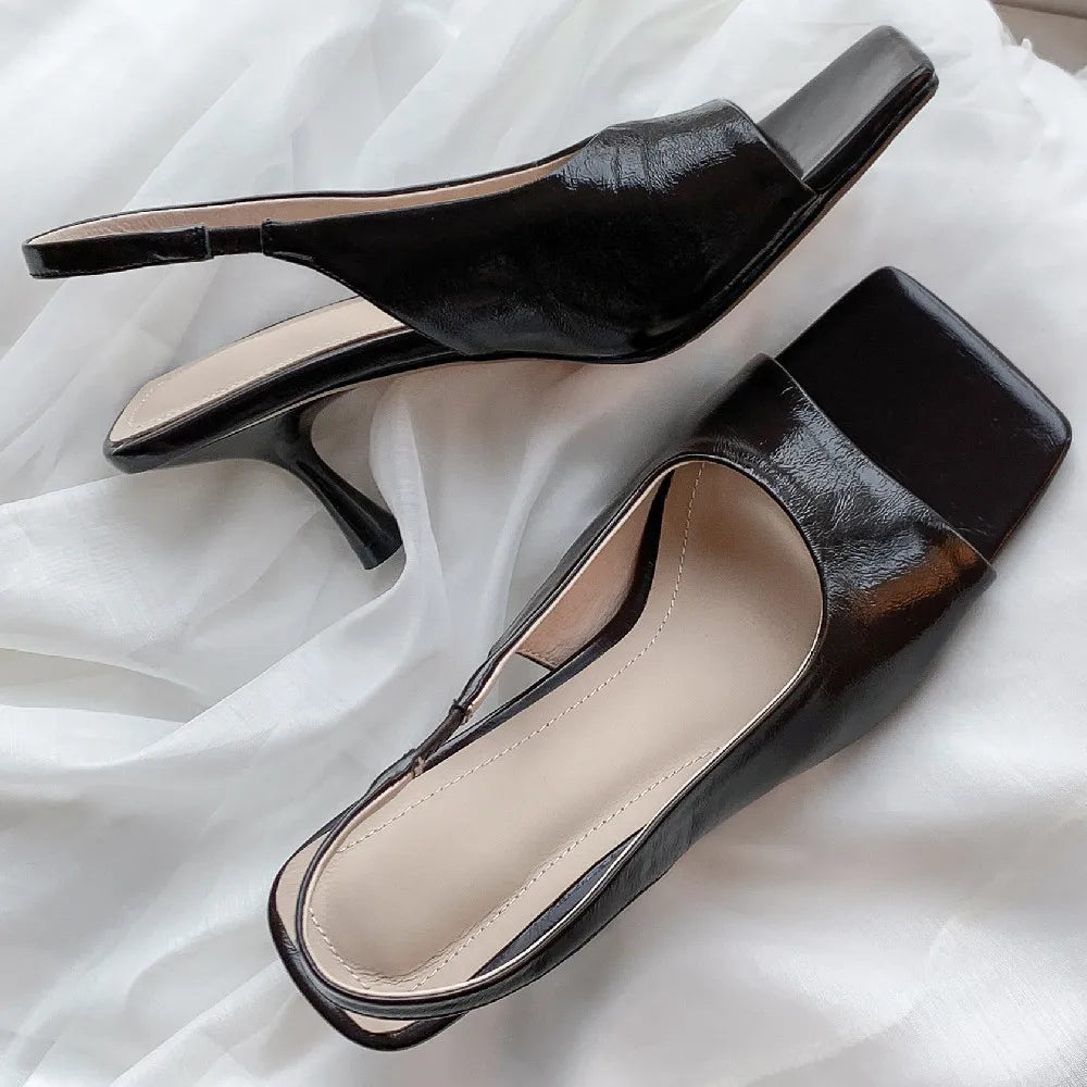 Genuine Leather Thin High Heel Square Toe Slipon Sandals Evening Dress Pumps Heels Daily Shoes for