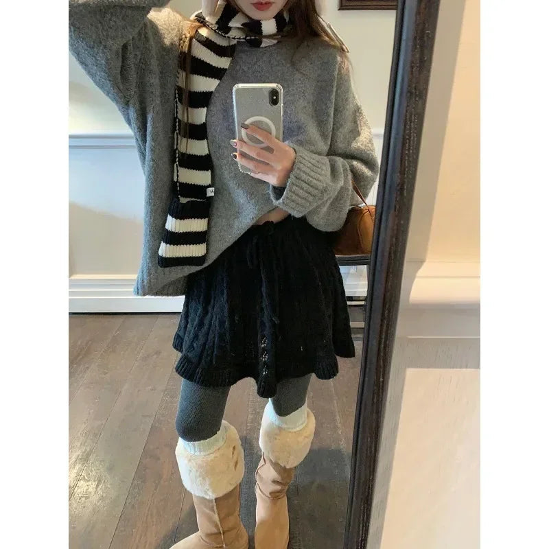 High Waist Lace Up Aline Skirt Spring New Korean Seethrough Hollow Color Knitted Mini Skirt