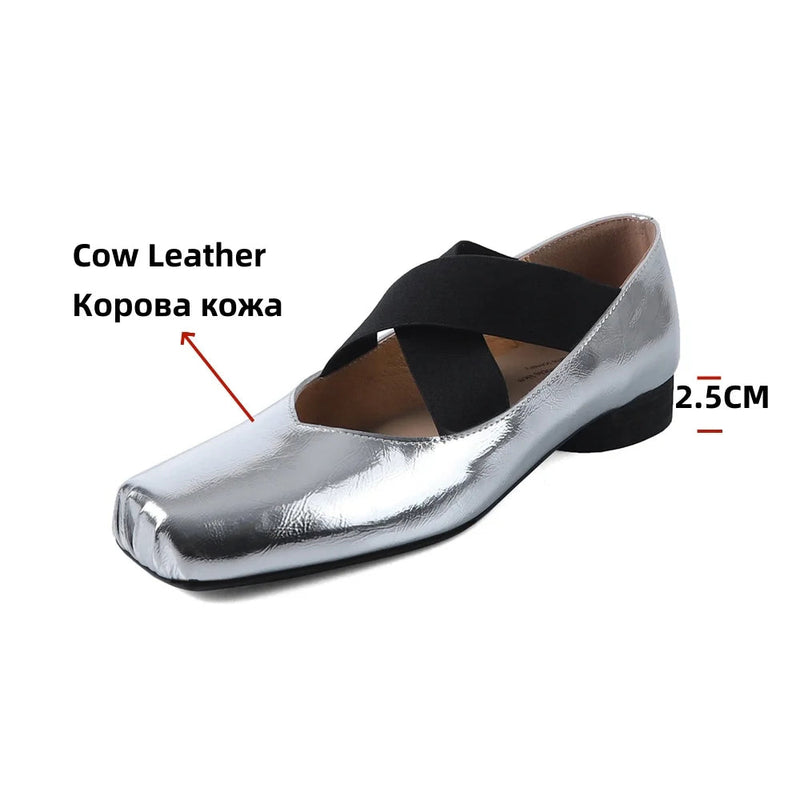 Mary Jane Shoes for Retro Medium Heeled Single Shoes Soft Genuine Leather Ballet Shoes
