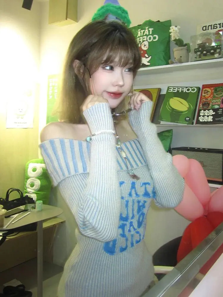 Y2k Off Shoulder Sweater Letter Graphic Korean Tops Gothic Grunge Long Sleeve Slim Knitwear Winter Clothes