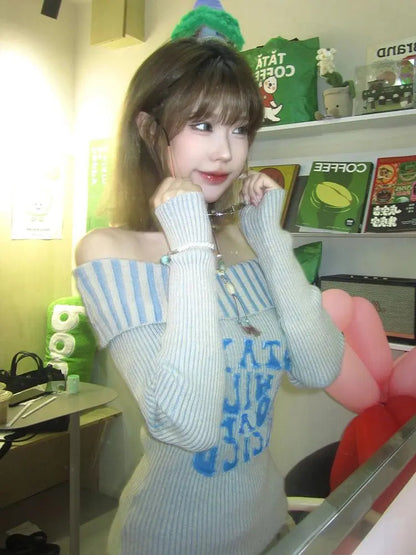 Y2k Off Shoulder Sweater Letter Graphic Korean Tops Gothic Grunge Long Sleeve Slim Knitwear Winter Clothes