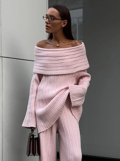 One-shoulder Knitted Dress for Loose Rib Knit Sweater Autumn Winter Midi Dresses Female Long Sleeve