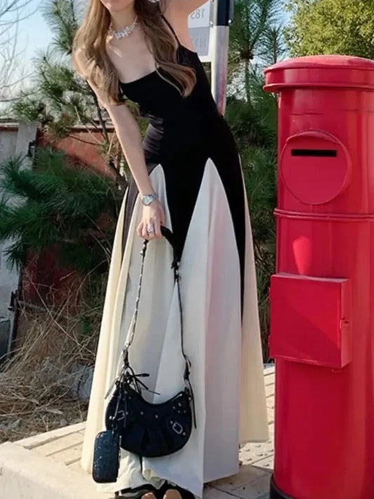 Black White Contrast Pleated Sling Long Dress Summer Backless Maxi Dresses Lady Evening Party Vestidos
