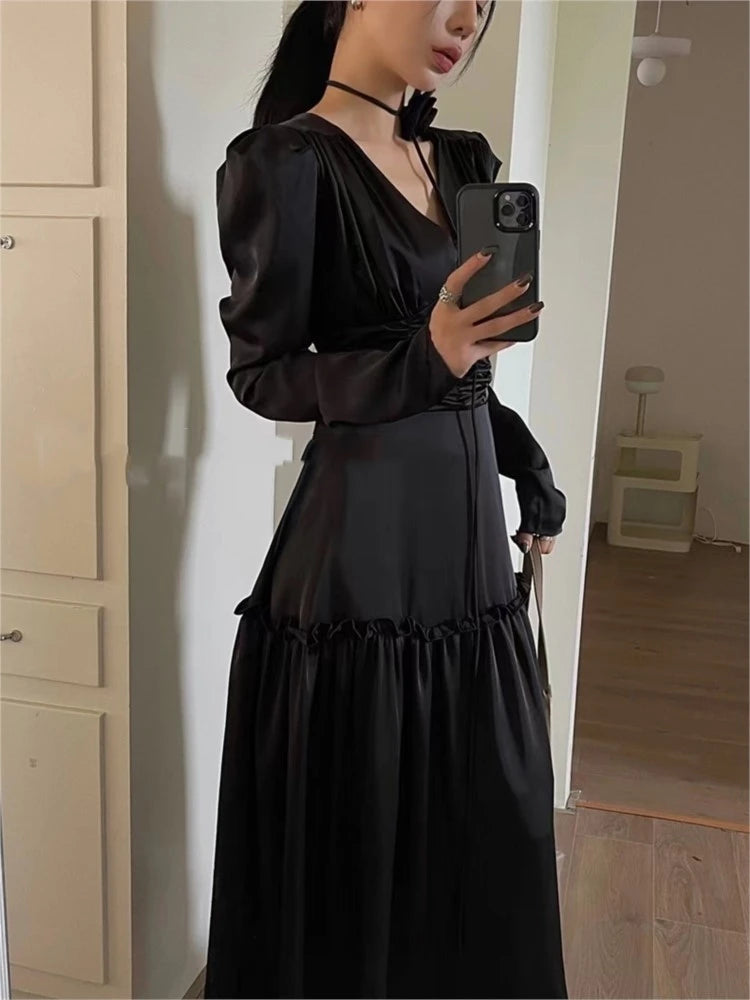 Autumn Satin Midi Dresses for Long Sleeve V-neck Folds Design A-line Korean Office Lady One Piece Vestidos New