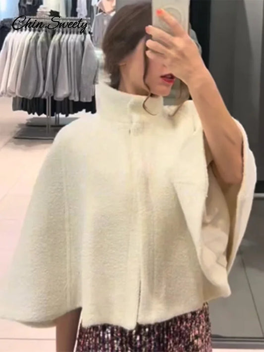 White Loose Short Cape Coat Autumn Winter Thick Single Buckle Batwing Sleeve Cloaks Jacket Lady Warm Outwear New