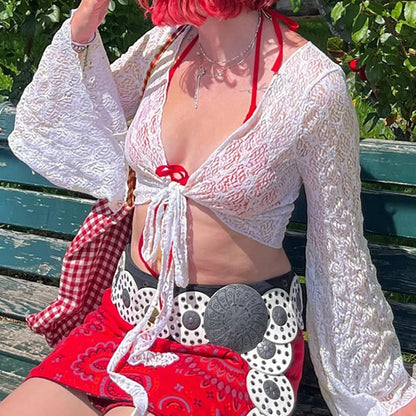 Trumpet Sleeves Sunscreen Cardigans Y2k V Neck Cropped Top Knitted White Lace-up Tee Shirt