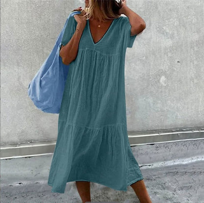 Color Cotton Linen Midi Dresses V-neck Short Sleeves Loose Dress Simple Style Lady Commuting Vestidos