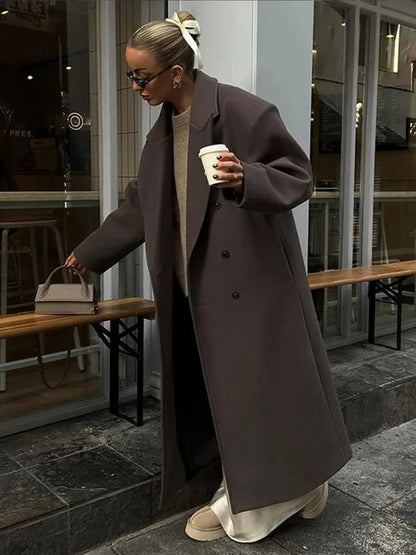 Brown Wool Long Coats for Loose Turn Down Collar Double Breasted Female Overcoat Autumn Winter Street Lady Outwear