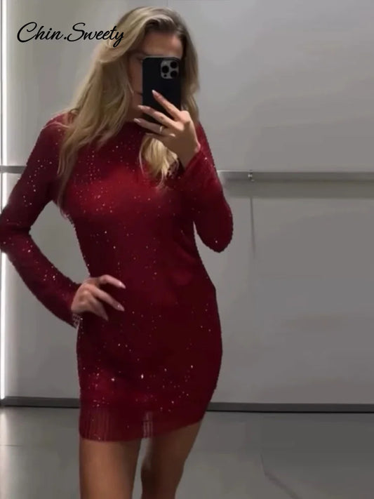 Sequins Backless Red Christmas Mini Dress Shiny O-neck Long Sleeve Dresses Female New Lady Slim Party Club Gowns
