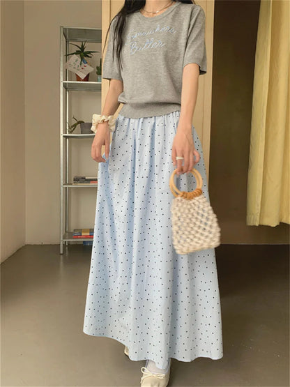 Sweet Long Skirts Polka Dots Loose Summer High Waist Knitted Sweaters Tees Gentle New Slim