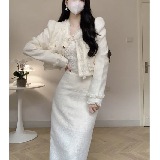 Korean Two-piece Skirt Sets Crop Jacket Coat Bodycon Midi Skirt Autumn Winter New Female Outfits