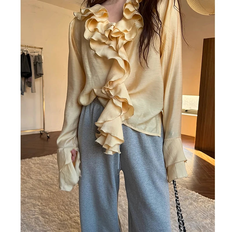 Vneck Ruffled Flared Sleeve Shirt Spring Retro and Stylish Loose Niche Versatile Blouse Top