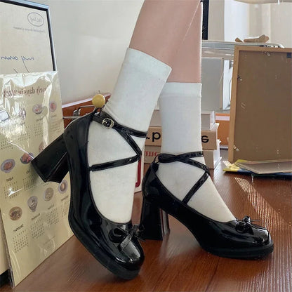 Red Mary Jane Pumps Thick High Heels Shoes Female Lolita Square Toe Shoes Spring Party Leather Woman Shoes New