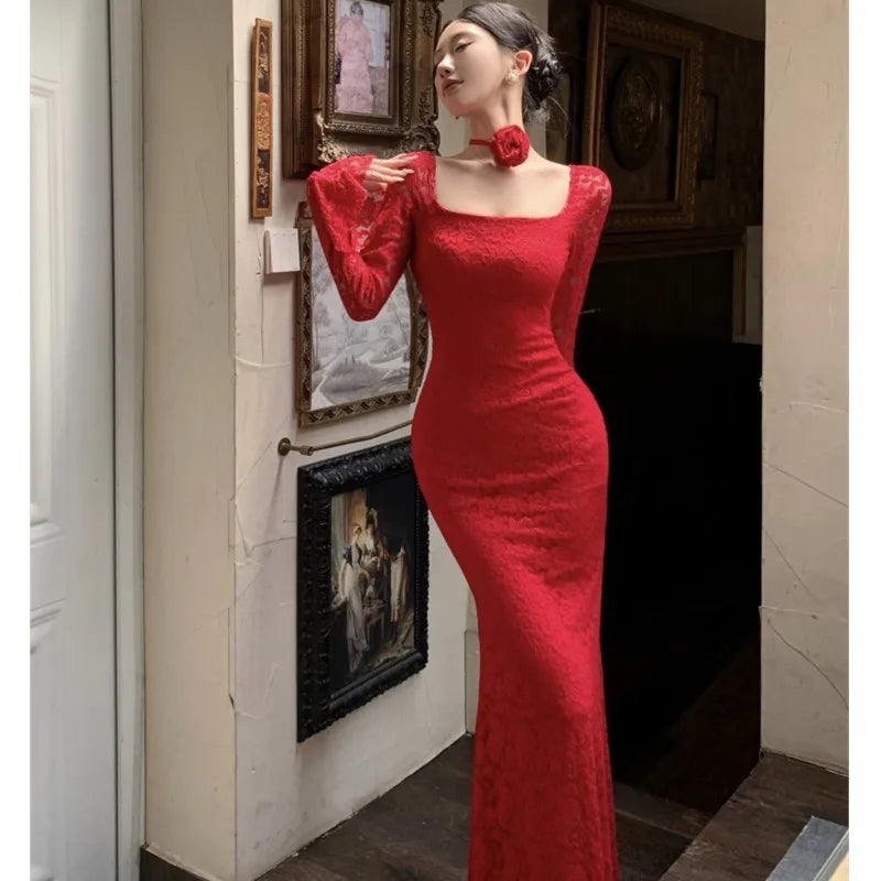 Lace Bodycon Maxi Dresses for Flare Sleeve Square Collar Slim Mermaid Evening Party Dress Fishtail Vestidos Prom Robe