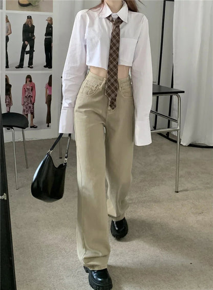 Baggy Khaki Jeans Straight Loose High Waist Trousers Star Patchwork Denim Wide Leg Pants