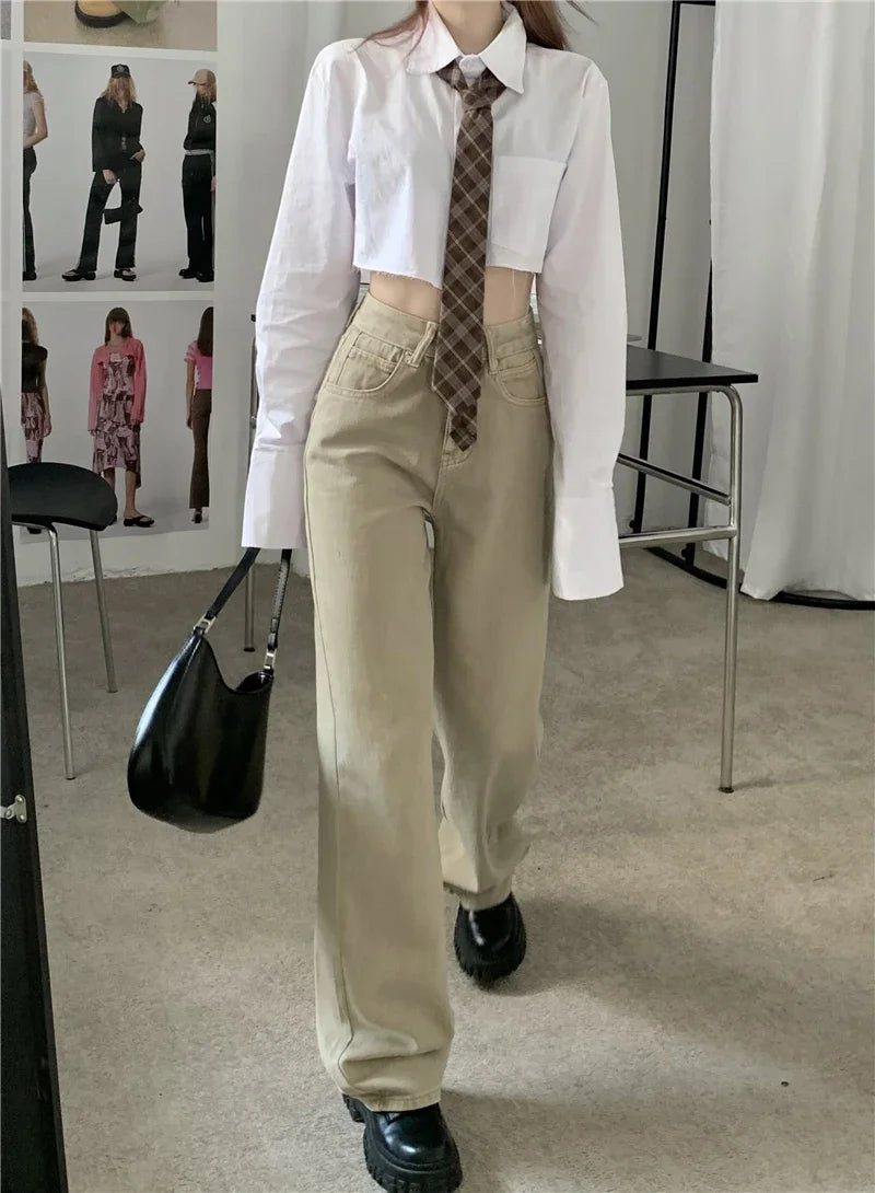 Baggy Khaki Jeans Straight Loose High Waist Trousers Star Patchwork Denim Wide Leg Pants