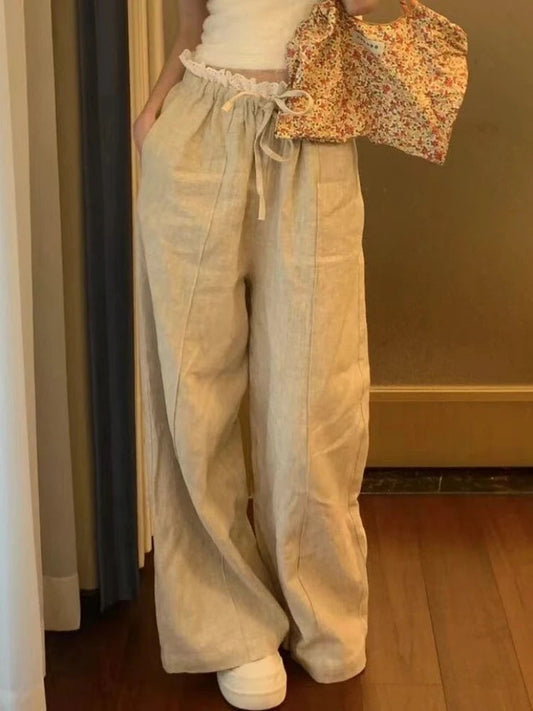 Korean Style Patchwork Wide Leg Pants Sweet Lace Loose Trousers Design Summer