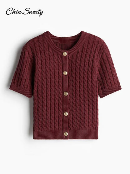 Knitted Single Breasted Cardigans O-neck Short Sleeve Ribbed Sweaters Female New Slim Top