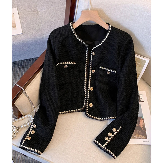 Cropped Black Tweed Jacket Suit Quilted Coat Winter Short Blazer Korean Thick Outerwear Tops