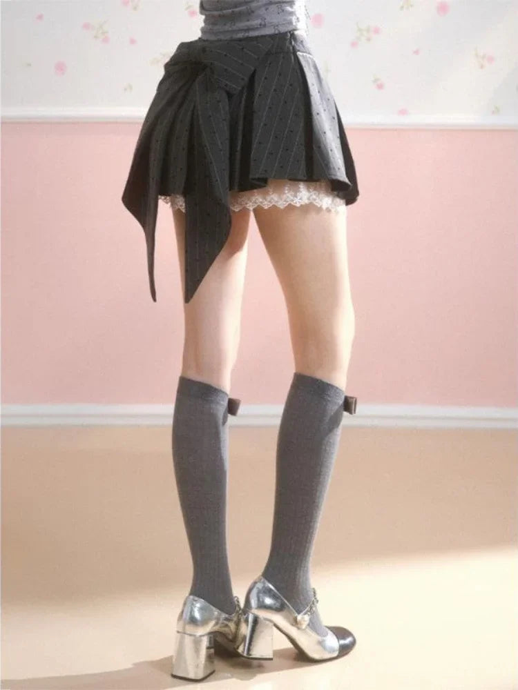 Gray Dot Pleated Skirt Bow Lace Patchwork Summer Mini Skirt Hotsweet Y2k Girl Lolita Style Cutecore Skirt