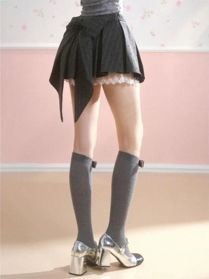 Gray Dot Pleated Skirt Bow Lace Patchwork Summer Mini Skirt Hotsweet Y2k Girl Lolita Style Cutecore Skirt