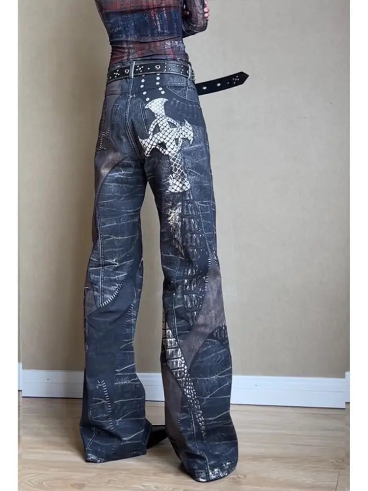 Retro Snake Printed Flared Jeans Cross Print High Waist Mujer Do Old Boot Cut Denim Pants Hip Hop Y2k Bottoms