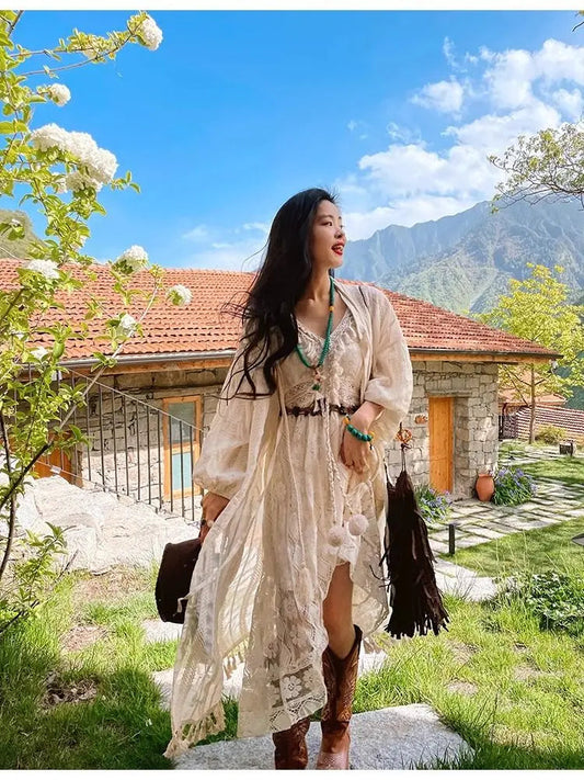 Summer Style Lantern Sleeves Tassel Lace Cardigan Apricot Sunscreen Cover Top Strap Camisole Long Dress Clothing